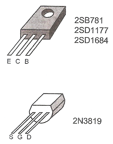 تصویر ظاهری و ترتیب پایه های ترانزیستور 2SB781 و 2N3819