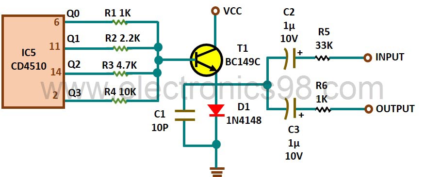 مدار ساده شده کنترل ولوم دیجیتالی با برداشتن چهار آی سی گران IC6 تا IC9