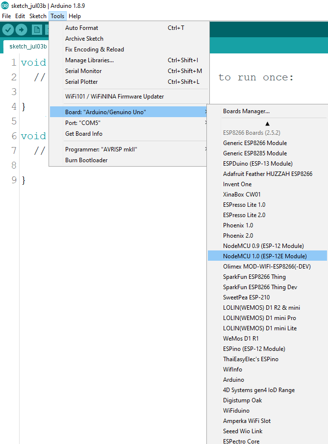 Install ESP8266 Board add-on in Arduino IDE select board