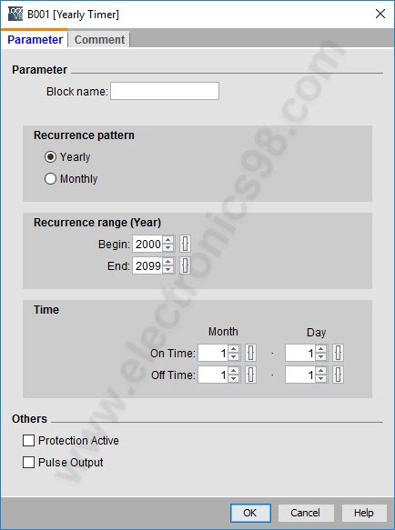 صفحه تعیین پارامتر برای رله Yearly timer switch