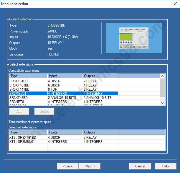 پنجره انتخاب ماژول مناسب جهت برنامه نویسی در محیط FBD نرم افزار zelio soft 2